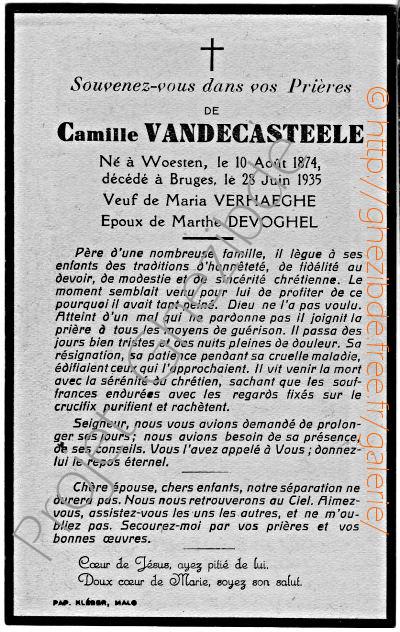 Camille VANDENCASTEELE veuf de Maria VERHAEGHE et poux de Marthe DEVOGHEL, dcd  Bruges, le 28 Juin 1935.